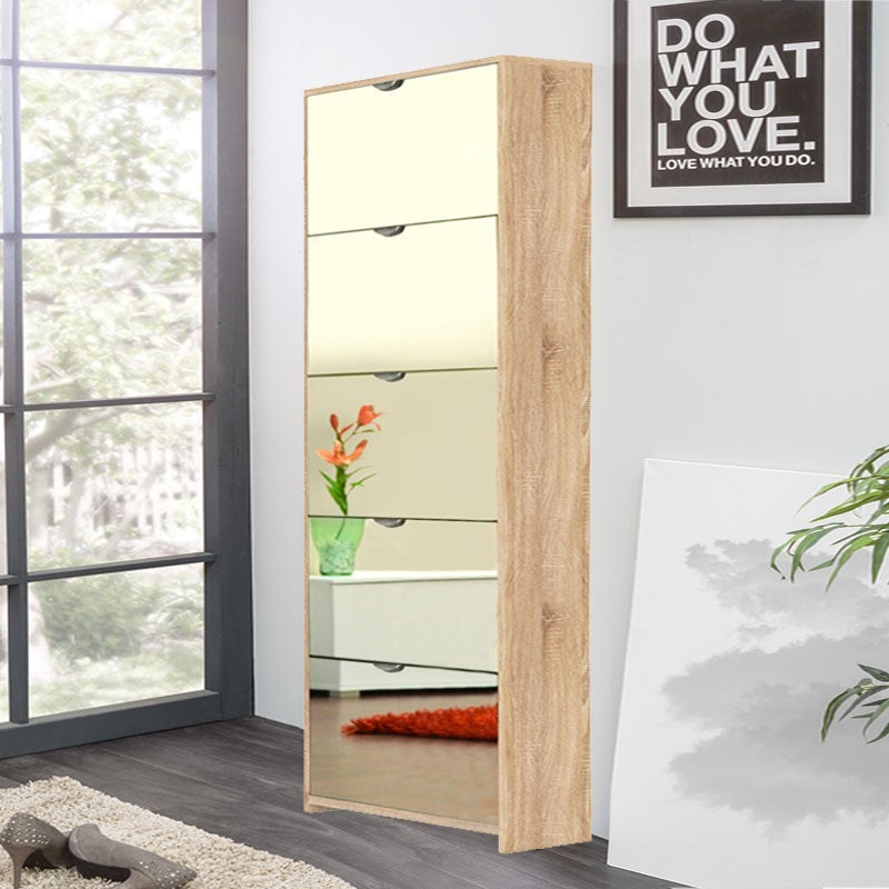 Meuble à chaussures avec 5 abattants miroir, structure en chêne sonoma, 58x17xh.177 cm