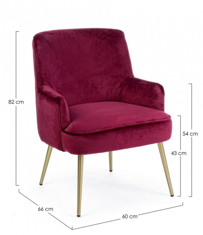 Fauteuil moderne Clelia en velours bordeaux