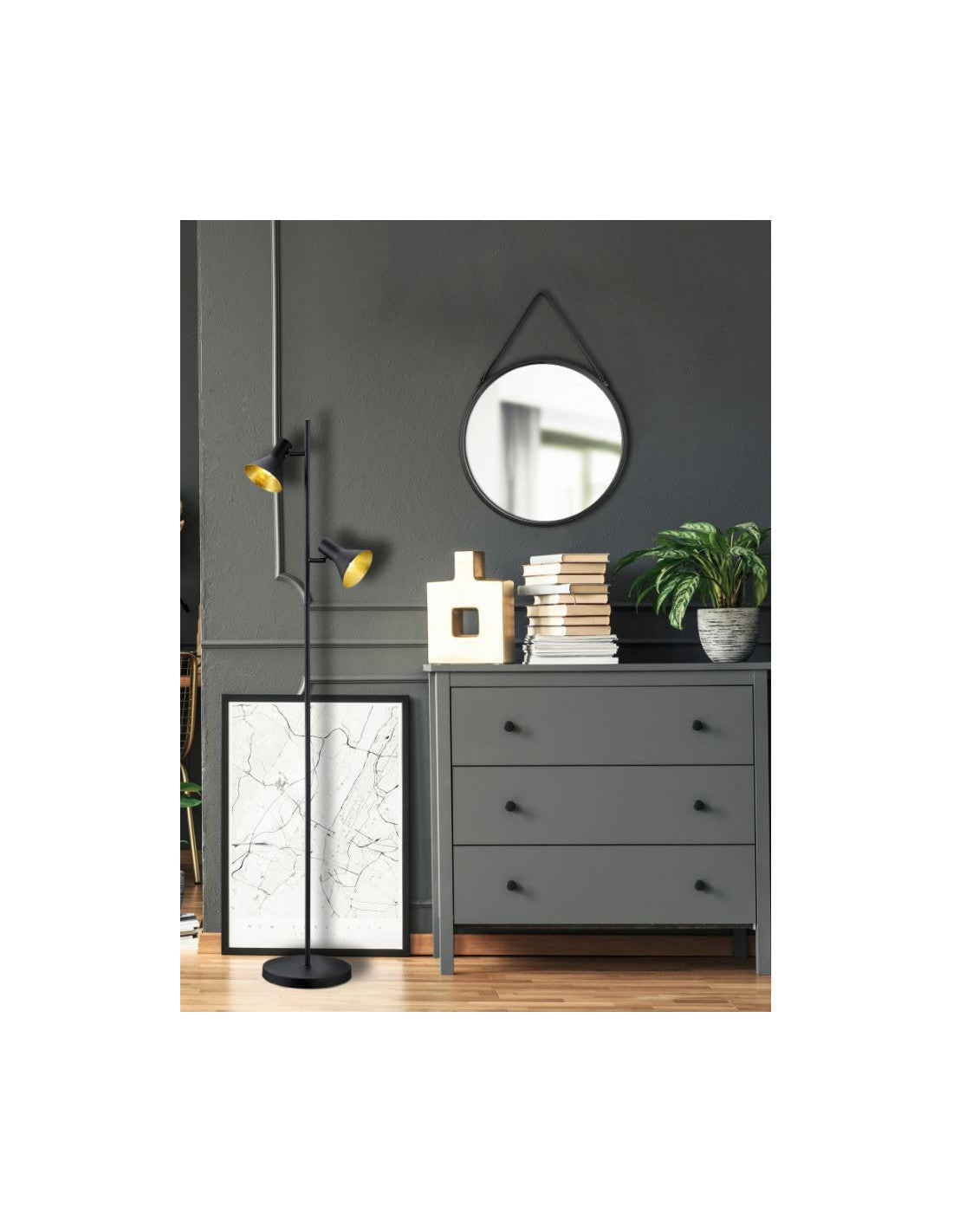 Lampadaire Minimal Moderne 2 Spots E14 Nina Noir et Or Trio Lighting