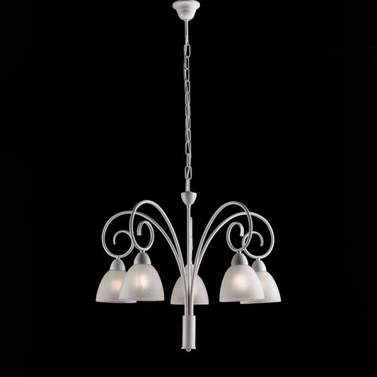 Lustre en fer blanc shabby avec abat-jour en verre d'albâtre blanc cinq lumières 57x h50 cm