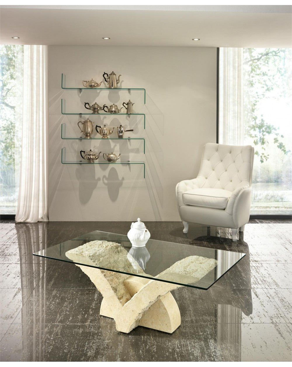 Table basse beige transparent 70 cm x 120 cm H. 40 cm