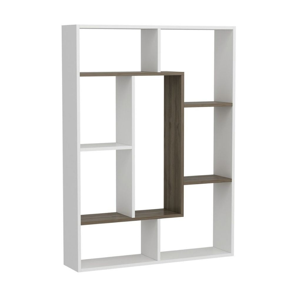 Bibliothèque Liam détail géométrique blanc noyer 100x136h