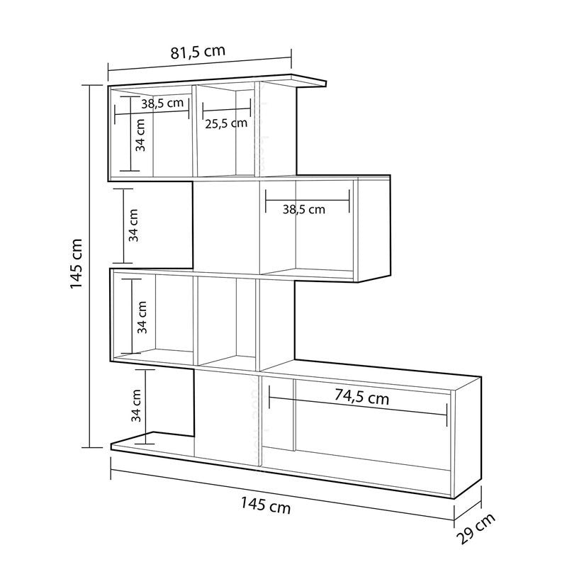 Etagère bibliothèque 4 niveaux 9 compartiments blanc gris 145x29xh.145 cm