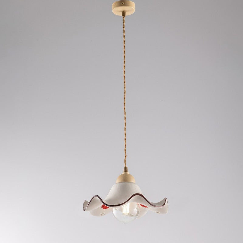 Lustre creux en tissu Décape Marron, abat-jour en céramique blanche 30x h16 cm