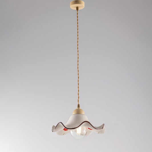 Lustre creux en tissu Décape Marron, abat-jour en céramique blanche 30x h16 cm