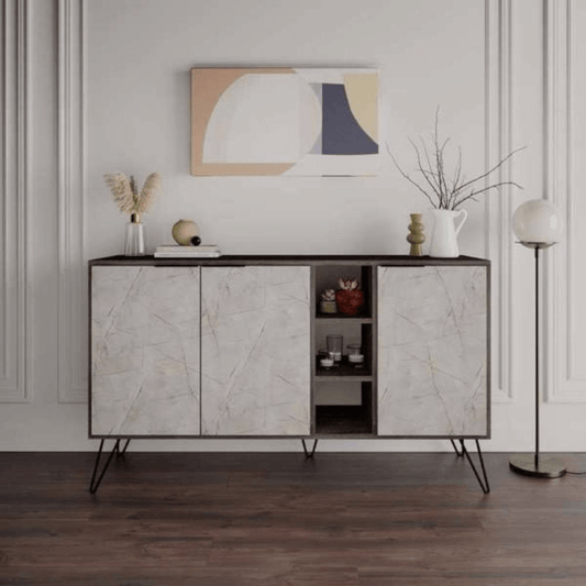 Buffet Clara Lagina café foncé 3 portes effet marbre blanc 142x35,5x83h