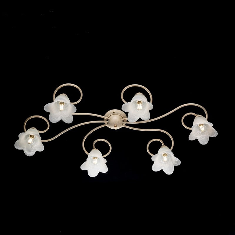 Plafonnier fleur en fer Ivoire Or six lumières abat-jour 99x50x h17 cm