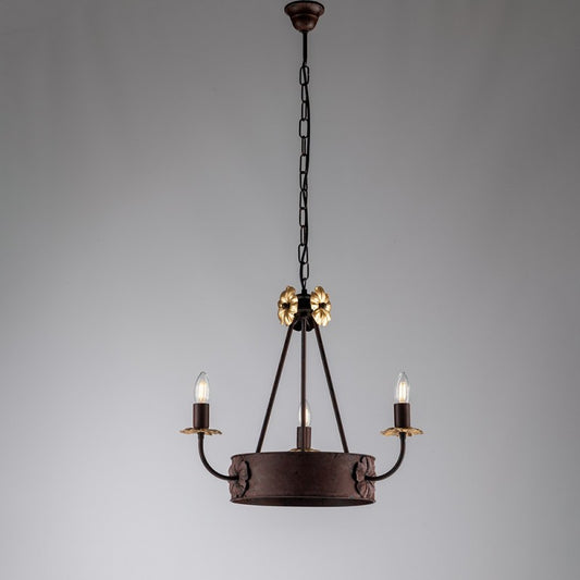 Lustre en fer Noir Rouillé finition Empire Gold, trois lumières 44x h48 cm