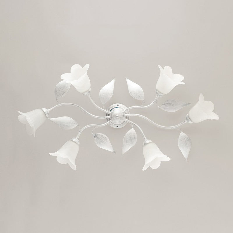 Plafonnier en fer blanc argenté à six lumières en verre albâtre blanc 95x52x h20 cm