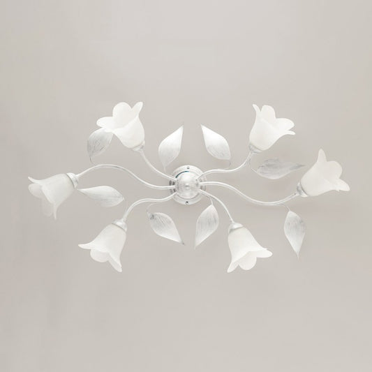 Plafonnier en fer blanc argenté à six lumières en verre albâtre blanc 95x52x h20 cm