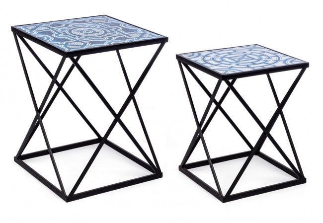 Lot de 2 tables basses NEAPOLIS en acier avec plateau en MDF décoré d'impression 55h 47h cm
