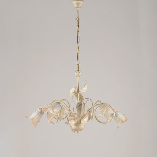 Lustre en fer Ivoire Or Verre Blanc Ambre cinq lumières 73x h43 cm