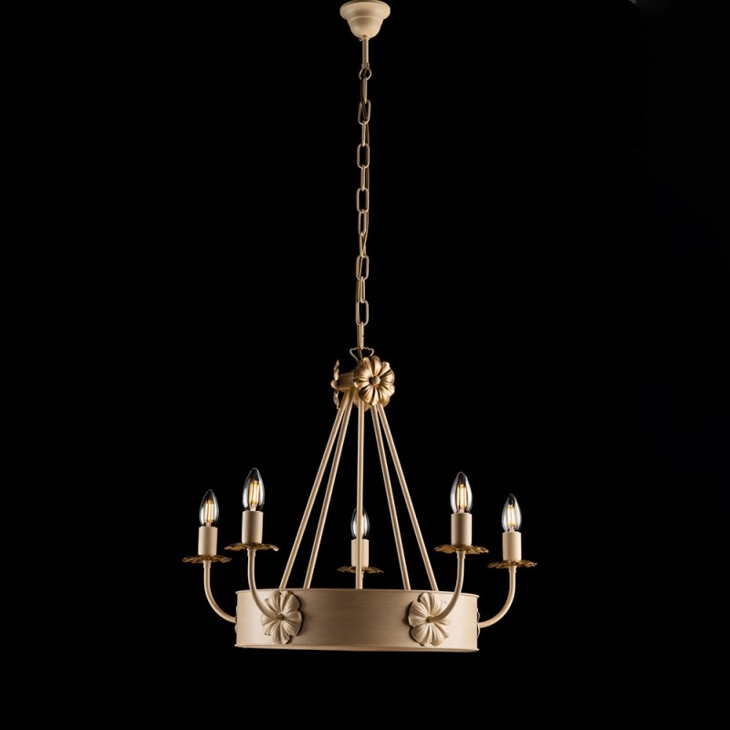Lustre en fer Décape ivoire finition empire or, cinq lumières 59x h52 cm