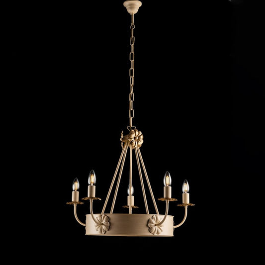 Lustre en fer Décape ivoire finition empire or, cinq lumières 59x h52 cm
