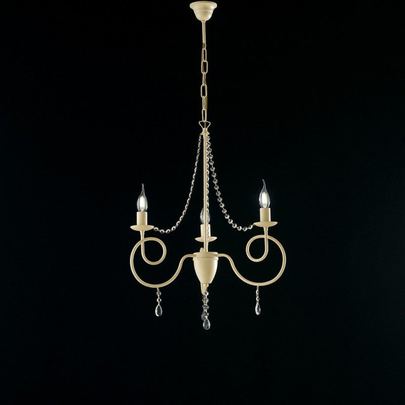 Lustre en fer ivoire à trois lumières, décor décapé et strass, 50x h67 cm