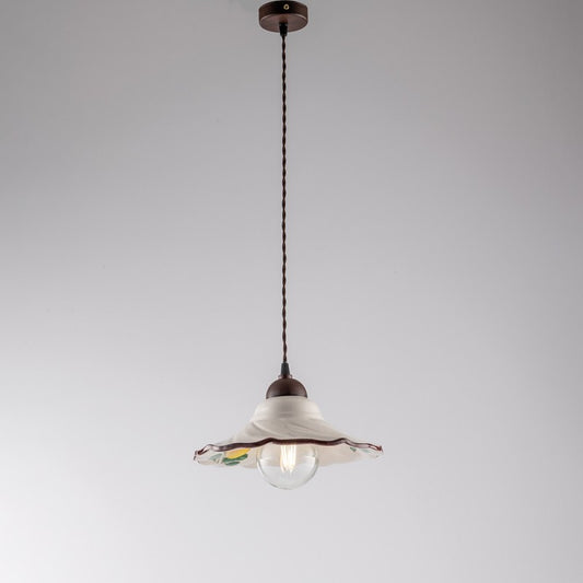 Lustre Cable en tissu Noir Rouille une lumière abat-jour en Céramique Blanche 30x h15 cm