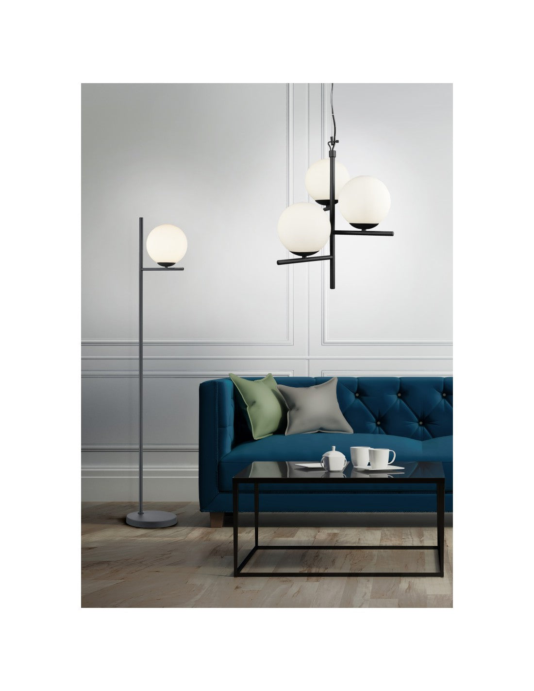 Lampadaire noir moderne avec sphère en verre H150 cm Pure Trio Lighting