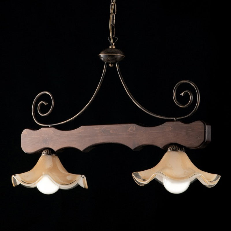 Lustre ancien en bois de noyer et fer à deux lumières, abat-jour en verre 88x h50 cm
