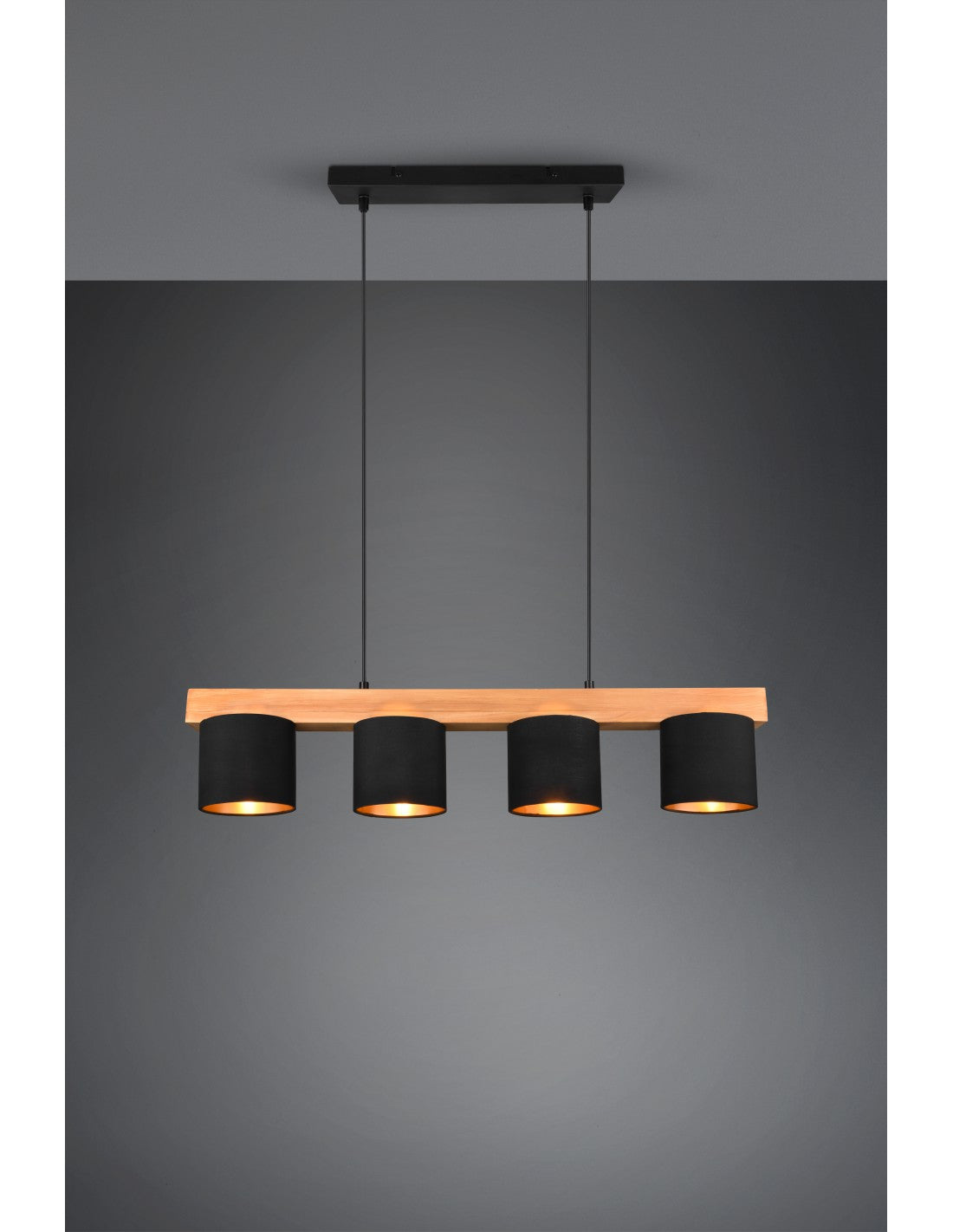 Lustre Linéaire En Bois 4 Abat-Jour Noirs Cameron Trio Lighting