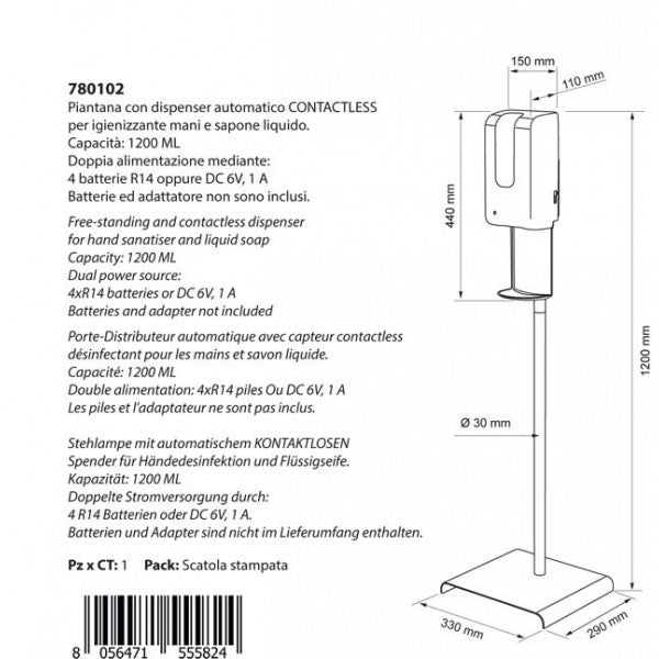 Distributeur automatique sans contact de 1,2 litre avec support