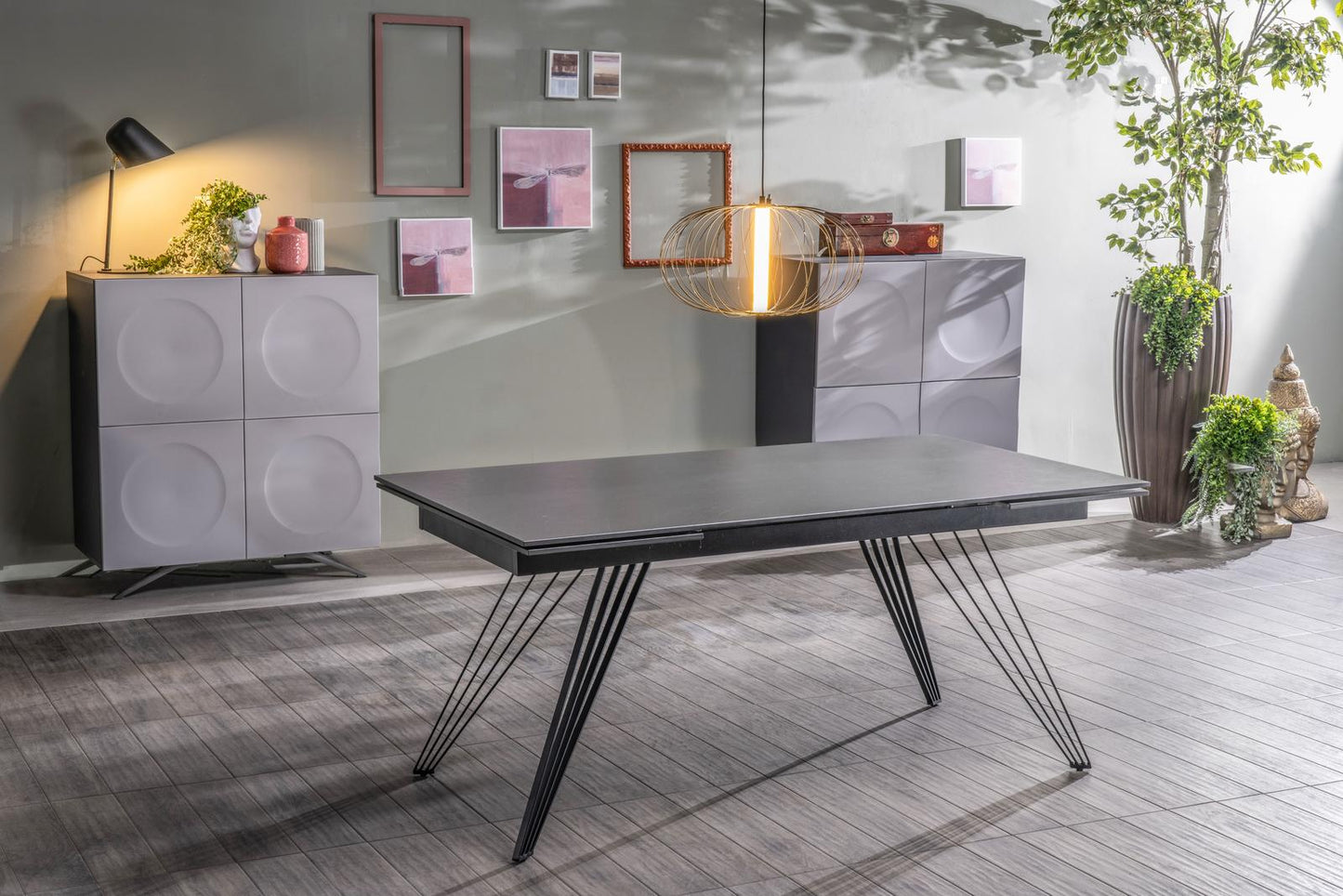 Table extensible vintage gris-noir mat 90 cm x 160-240 cm cm H. 76 cm