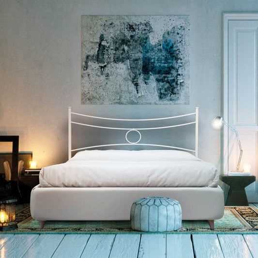 Lit double en fer avec cadre de lit en éco-cuir Blanc CONCA 166x208x h117 cm