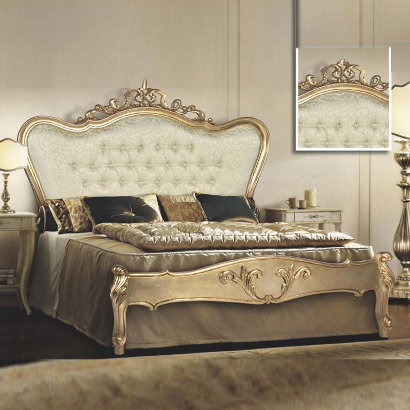 Lit double avec tête et pied de lit baroques en tissu damassé 180x200xh.165 cm