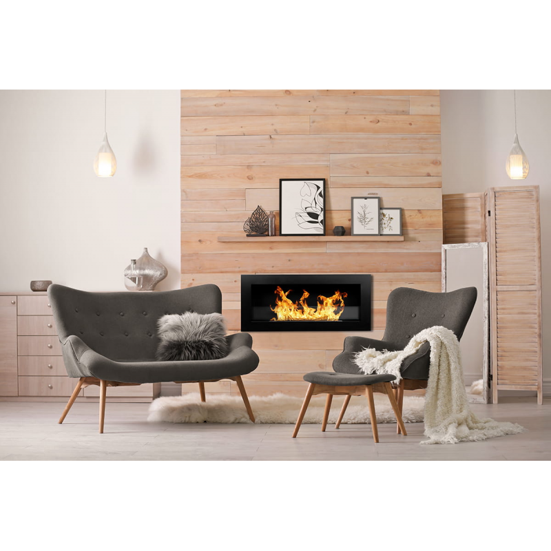 Cheminée bioéthanol murale ou encastrable Livorno Nero L 90 x P 12 x H 40 avec vitre