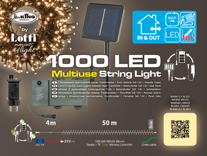Chaîne polyvalente 1000 LEDs 50m avec panneau solaire