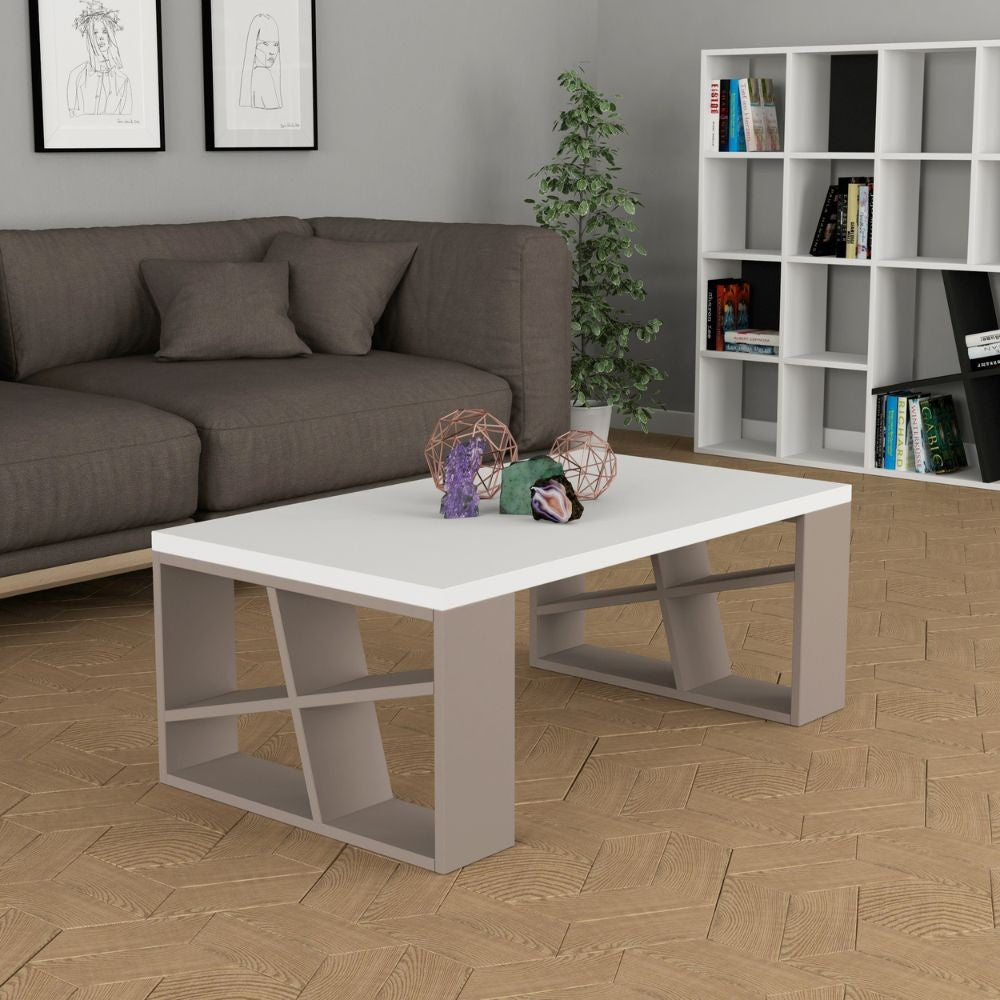 Table de salon miel avec plateau blanc et pieds gris tourterelle