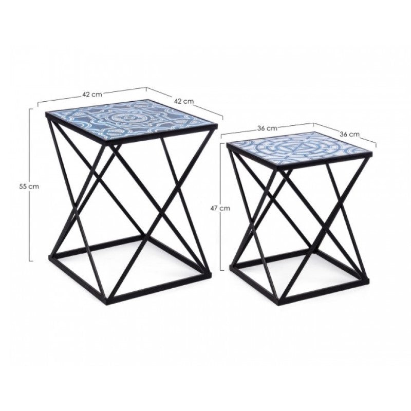 Lot de 2 tables basses NEAPOLIS en acier avec plateau en MDF décoré d'impression 55h 47h cm