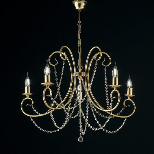 Lustre à cinq lumières en fer doré et strass 68x h55 cm