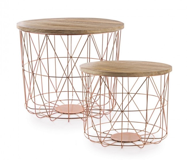 Ensemble de 2 tables basses avec récipient et tissage de cuivre