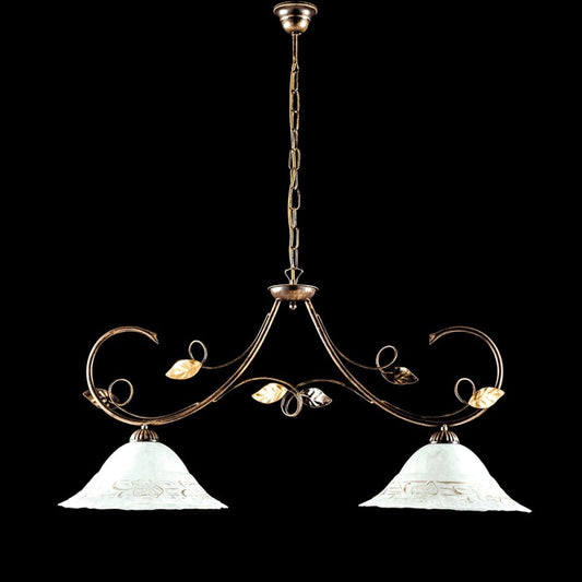 Lustre en fer marron doré deux lumières abat-jour en verre blanc 94x h49 cm