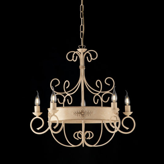 Lustre en fer laqué ivoire à décor décapé, 5 lumières avec frises