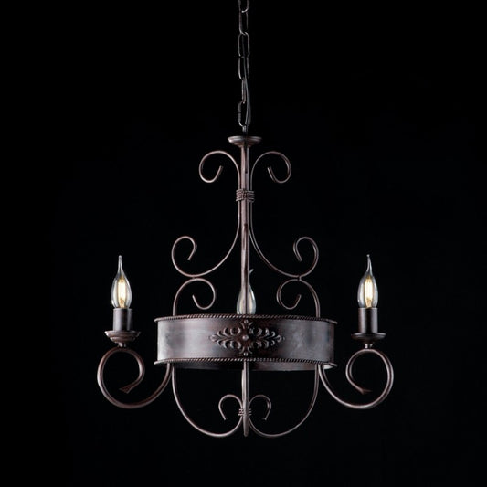 Lustre en fer laqué noir à décor de rouille, 3 lumières avec frises