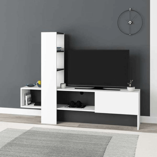 Meuble TV Troya blanc anthracite avec porte abattante