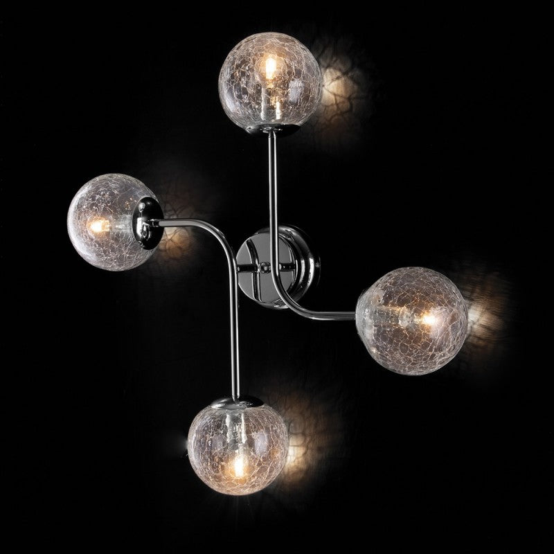 Plafonnier 4 lumières en fer chromé poli avec sphères en verre soufflé craquelé transparent
