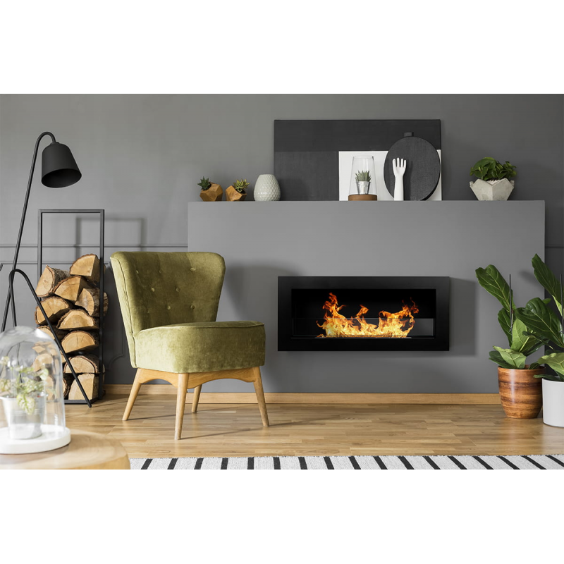 Cheminée bioéthanol murale ou encastrable Livorno Nero L 90 x P 12 x H 40 avec vitre