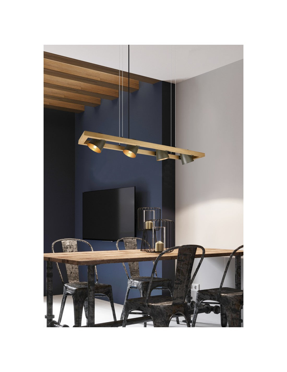 Lustre Suspension Rectangulaire 4 Spots Orientables Bois et Métal Nickel Cloche Trio Éclairage