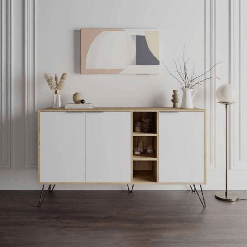Buffet Clara en chêne 3 portes blanches 142x35,5x83h