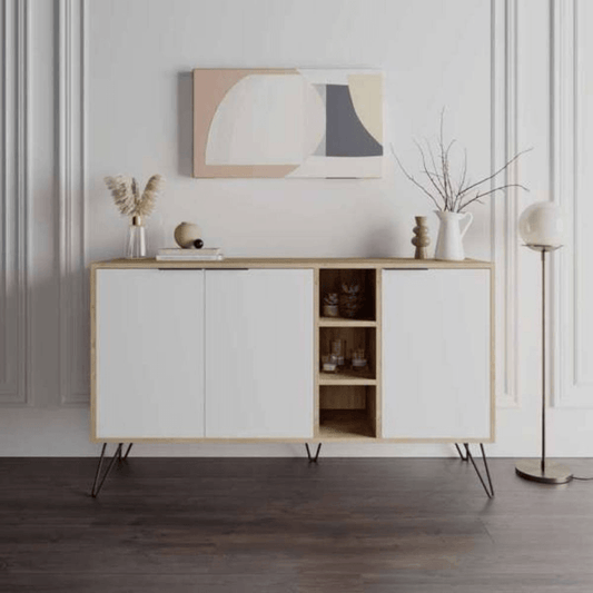 Buffet Clara en chêne 3 portes blanches 142x35,5x83h