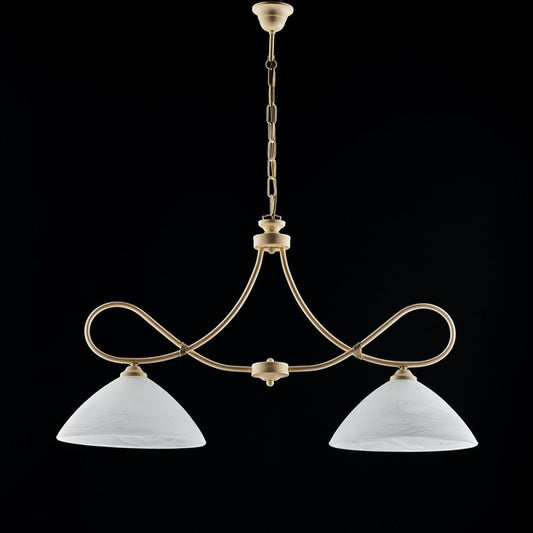 Lustre en fer décapé ivoire deux lumières abat-jour en verre albâtre blanc 92x h50 cm