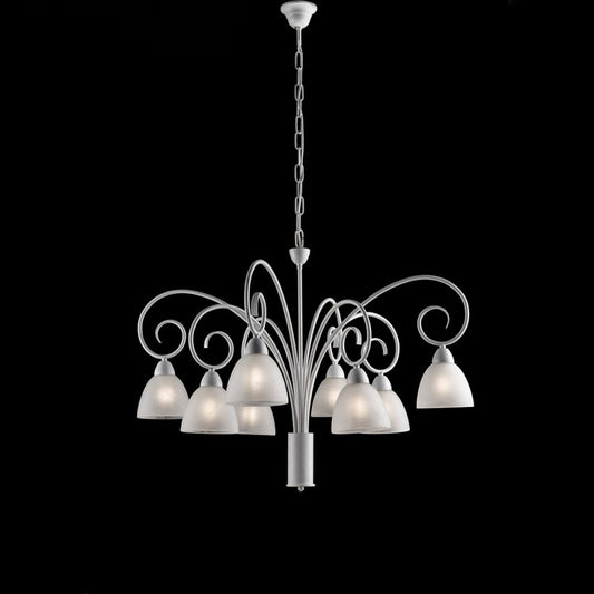 Lustre en fer blanc shabby avec abat-jour en verre d'albâtre blanc huit lumières 81x h58 cm