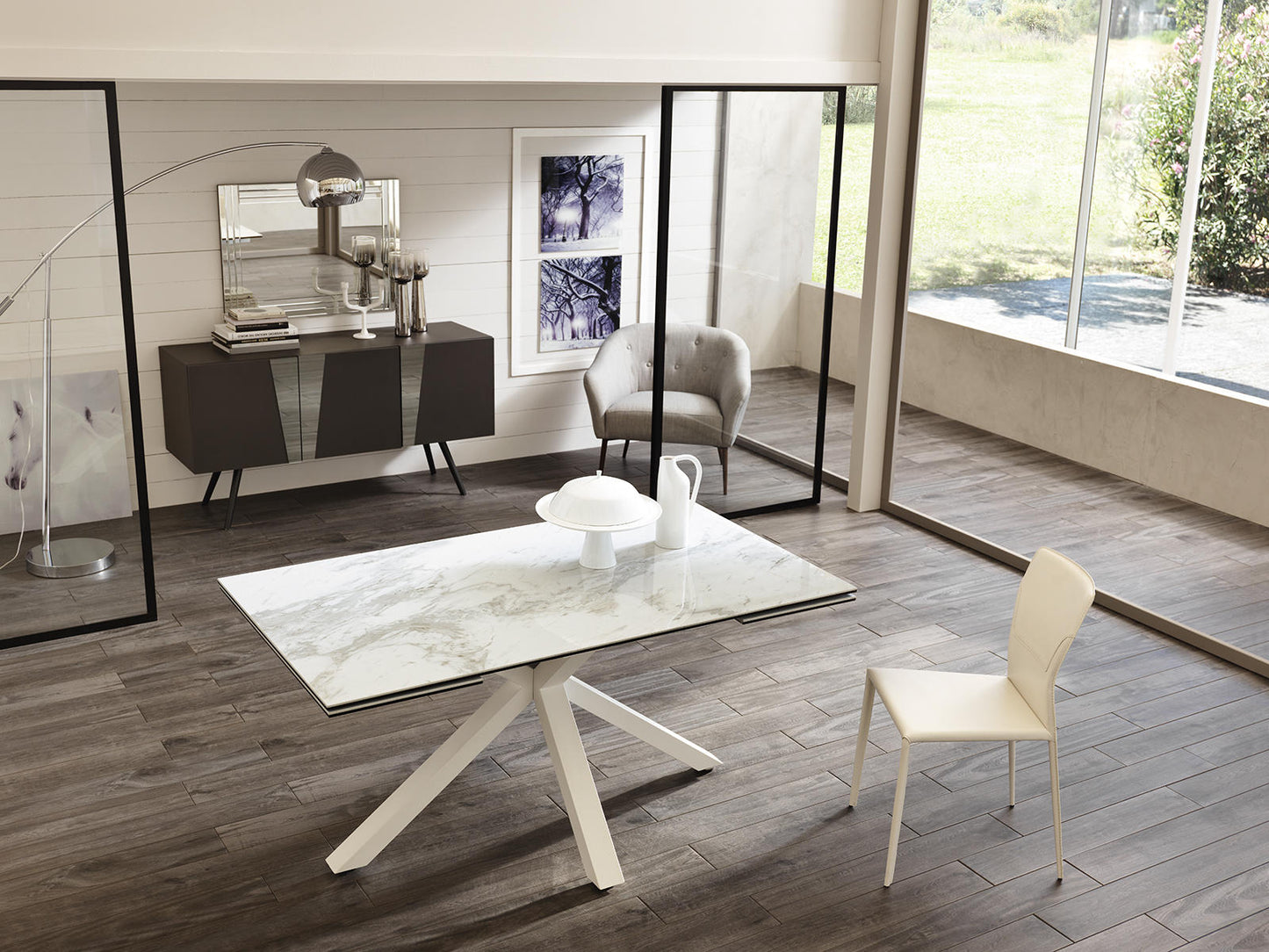 Table extensible blanc-céramique marbre blanc 90 cm x 160-240 cm H. 76 cm