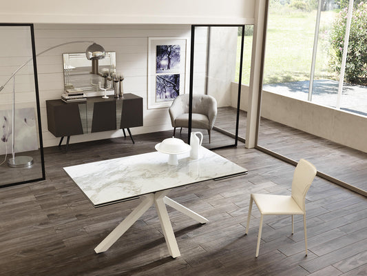Table extensible blanc-céramique marbre blanc 90 cm x 160-240 cm H. 76 cm