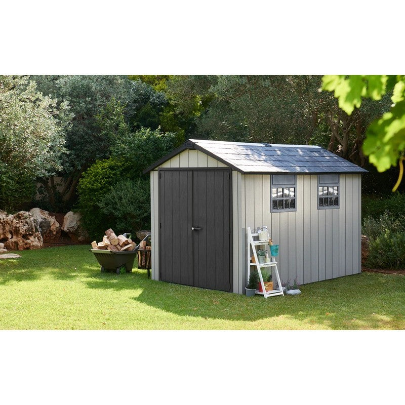 Petite maison en duotech gris effet bois naturel 2 portes 2 fenêtres en polycarbonate 230x350xh.242 cm 