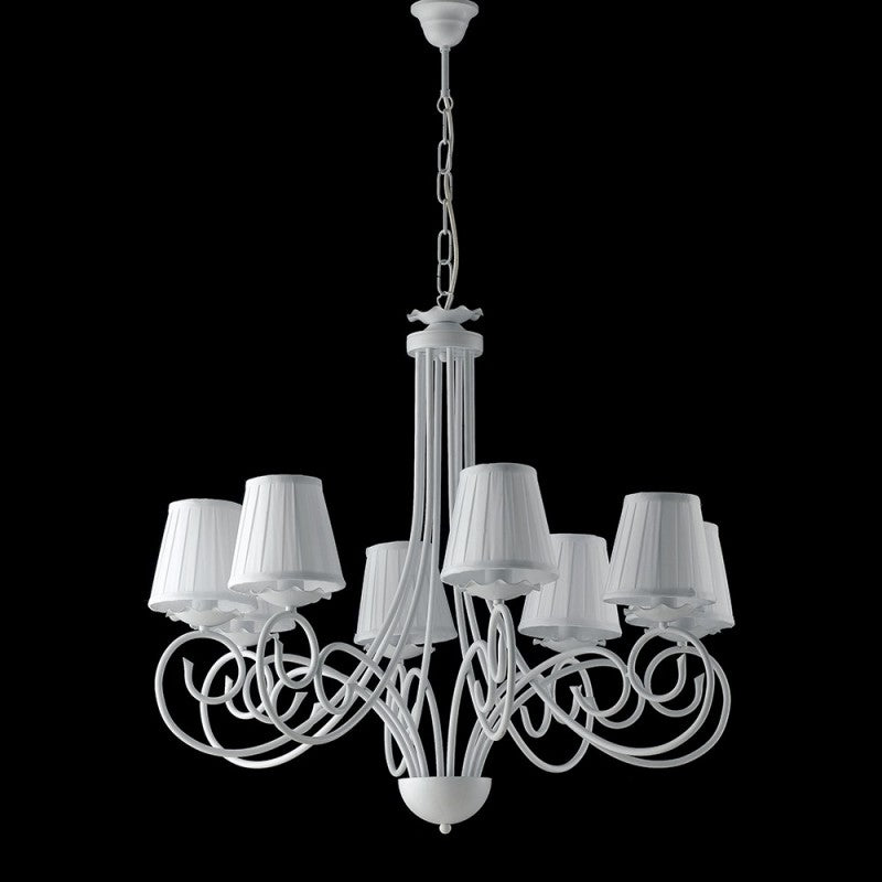 Lustre suspension en fer shabby avec abat-jour blancs, huit lumières, 67x h68 cm