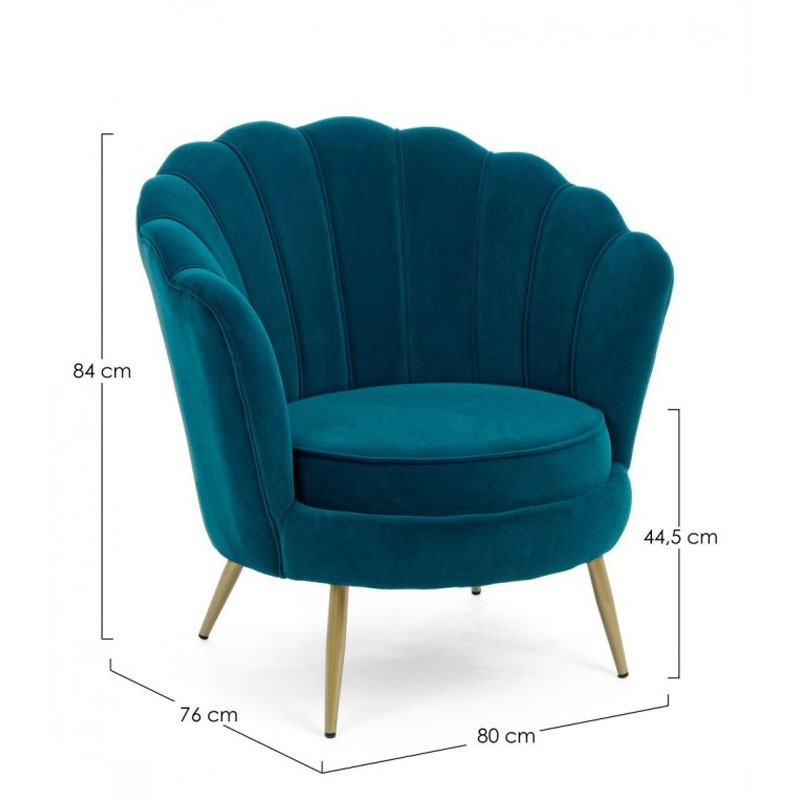 Fauteuil rétro vintage en velours bleu paon 80 x 76 x 84 h cm