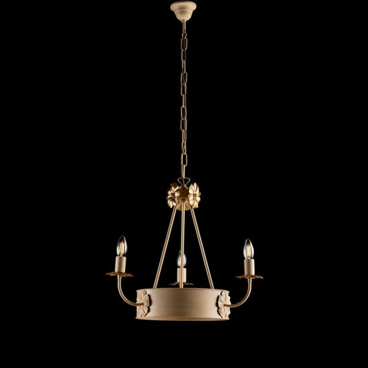 Lustre en fer Décape ivoire finition empire or, trois lumières 44x h48 cm